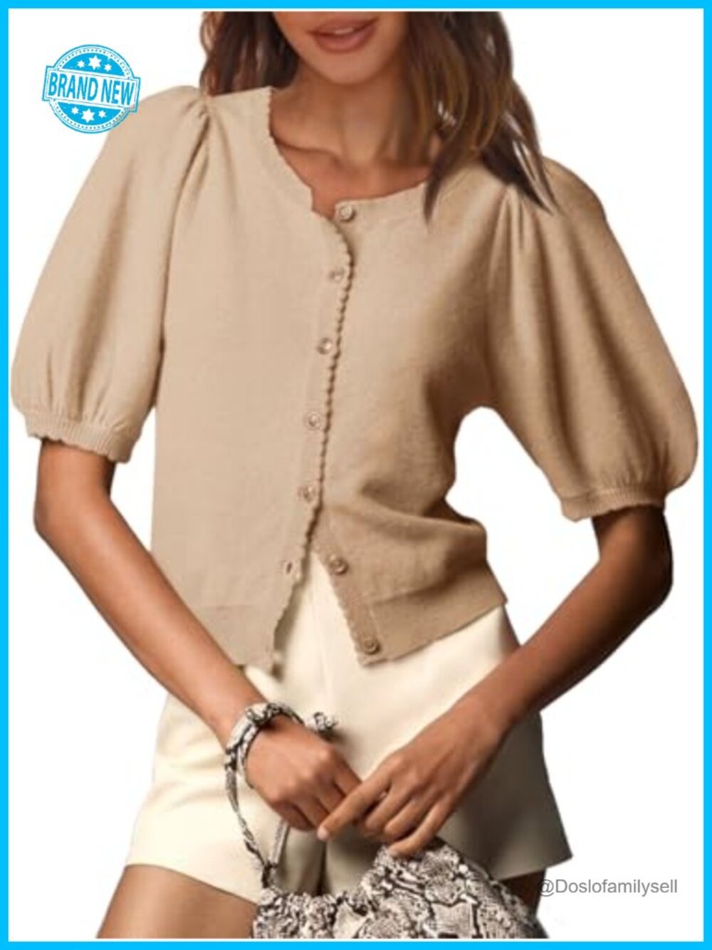 LIGHTWEIGHT PUFF SHORT SLEEVE BUTTON DOWN CARDIGAN SWEATER TOP FOR WOMEN